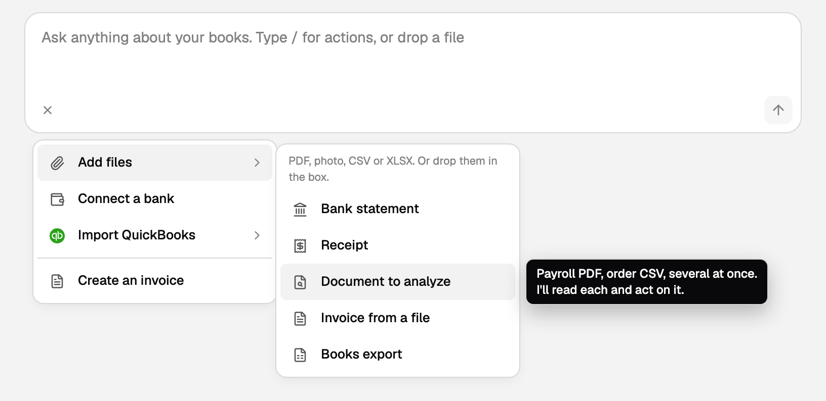 Add files open in the + menu, with Document to analyze and its tooltip