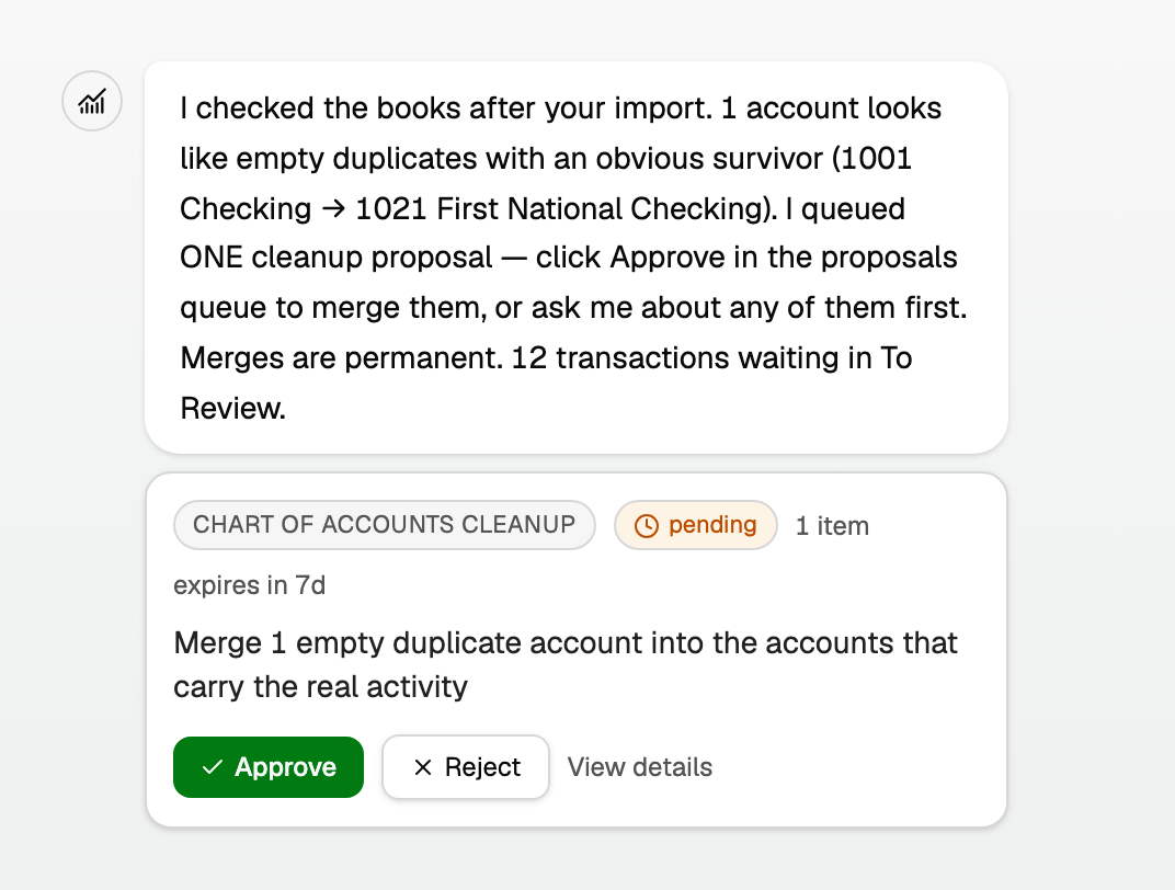 A Books checkup message with a Chart of accounts cleanup card