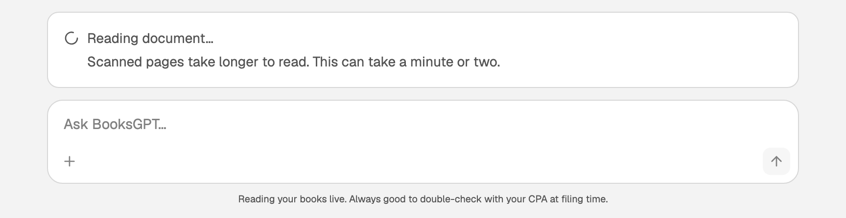 Reading document… above the ask box, with Scanned pages take longer to read