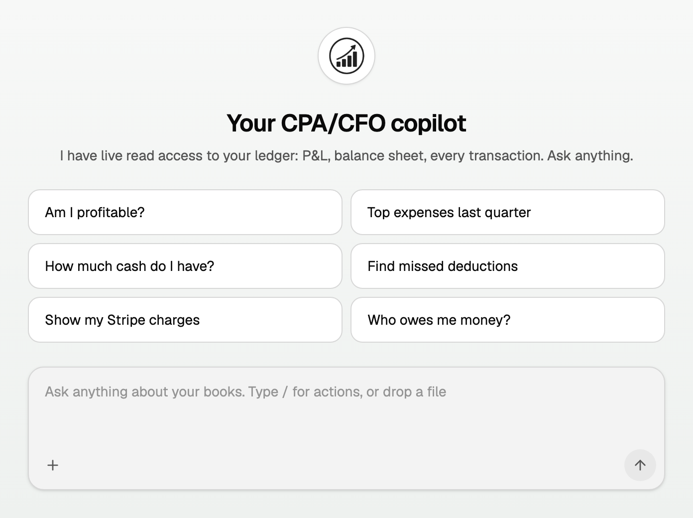 Home screen with Your CPA/CFO copilot, suggested questions, and the ask box