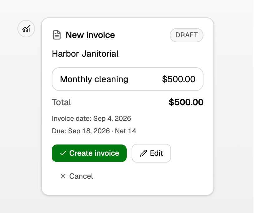 A New invoice draft card with Create invoice, Edit, and Cancel