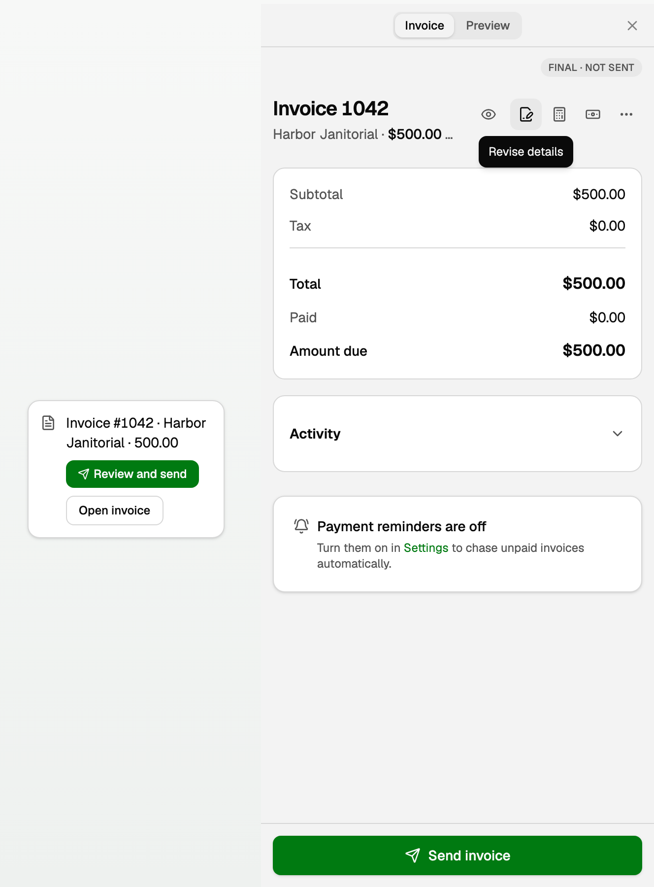Invoice #1042 beside chat, with the pane's icon actions, the Revise details hover label, and Send invoice at the bottom