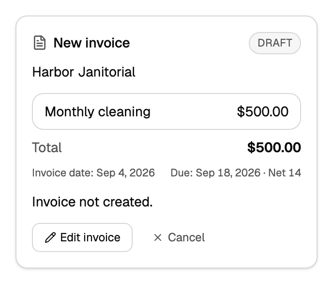 Invoice not created, with Edit invoice and Cancel
