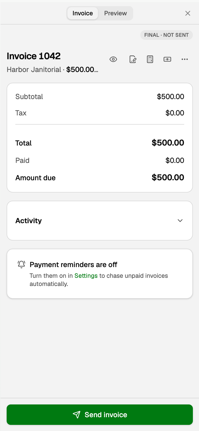 Phone invoice pane with Send invoice at the bottom