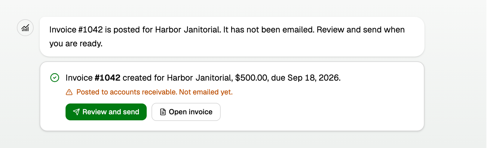 Invoice created card with Review and send and Open invoice
