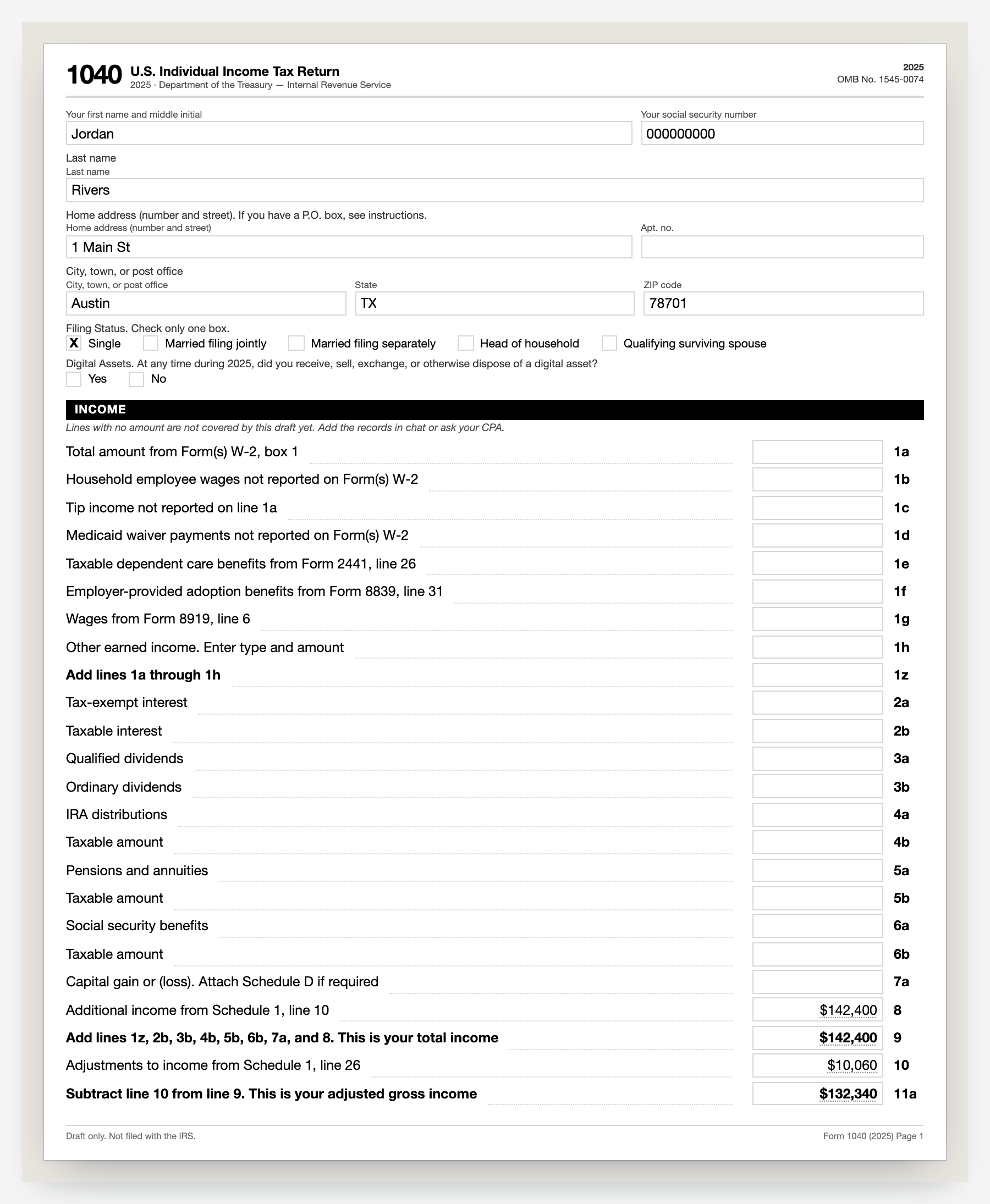 Form 1040 drawn from the draft, business income on line 8