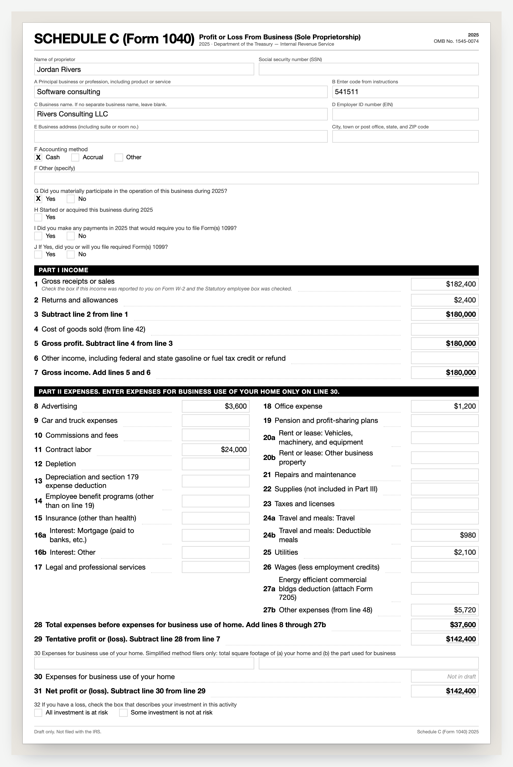 Schedule C behind it, net profit on line 31