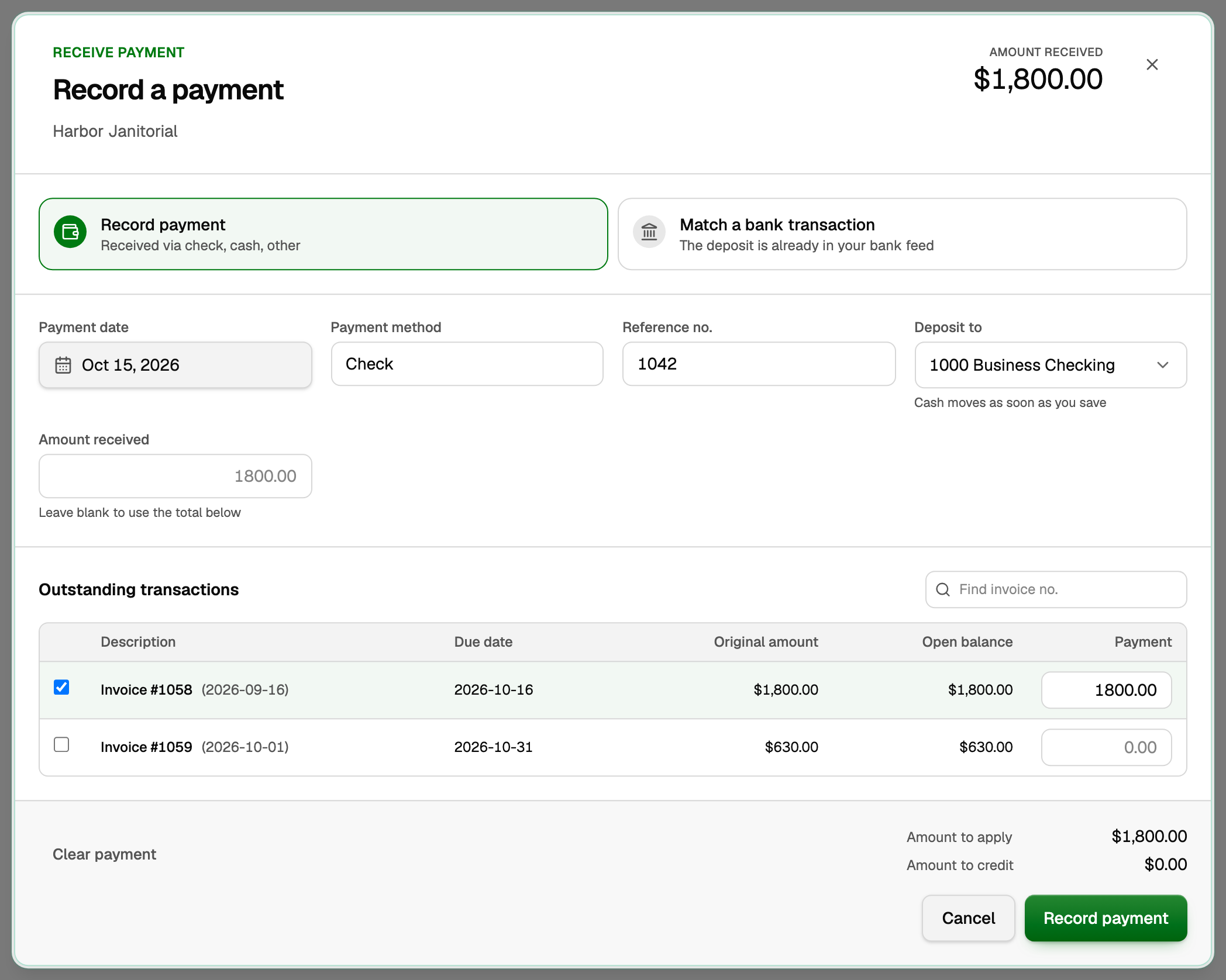 The Record payment window for Harbor Janitorial: Record payment selected beside Match a bank transaction, a check dated Oct 15, 2026 with reference 1042, Deposit to 1000 Business Checking, and invoice 1058 ticked for $1,800.00 above an unticked invoice 1059