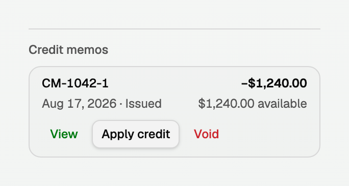 An issued credit memo with Apply credit and Void