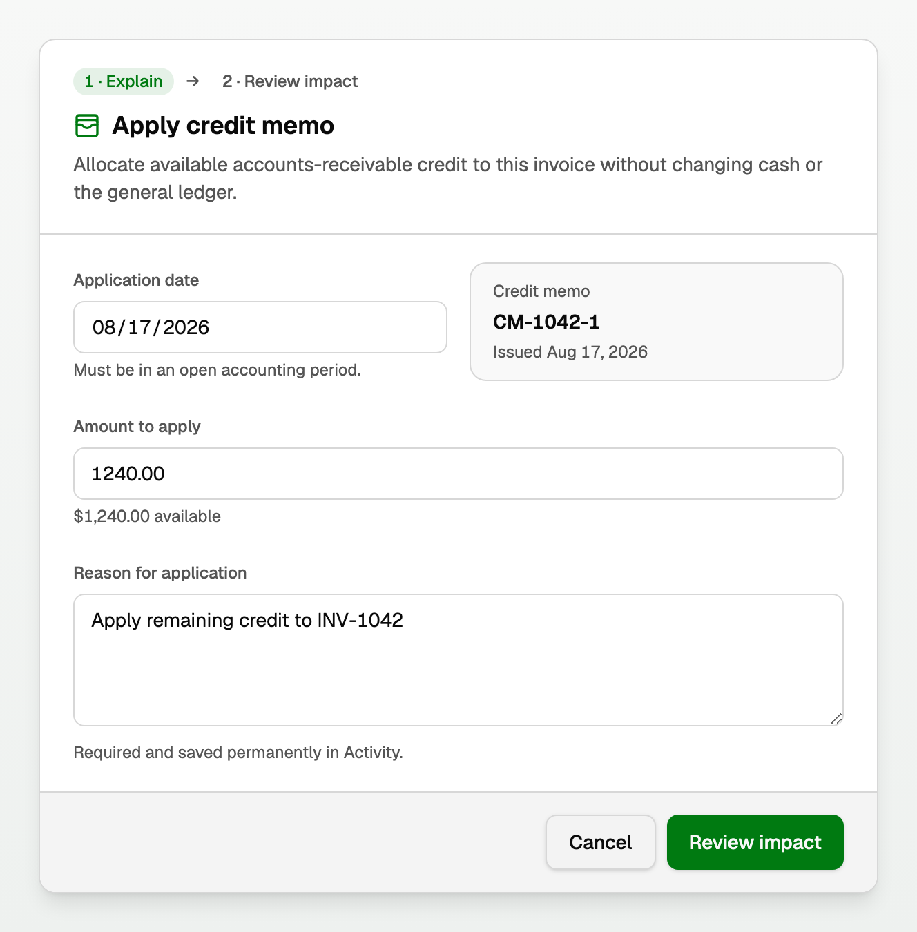 Apply a credit memo to an open invoice