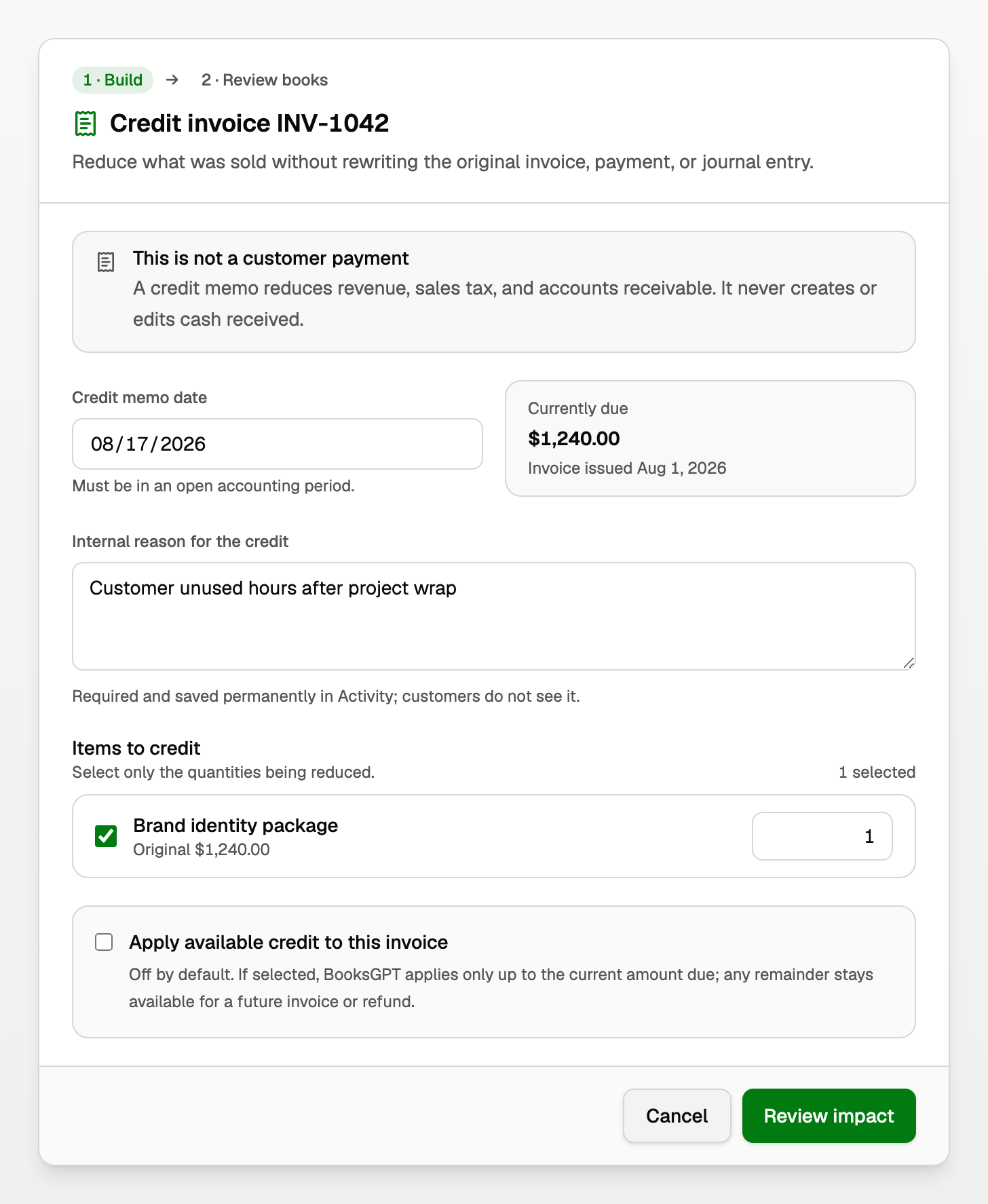 Build a credit memo: not a customer payment