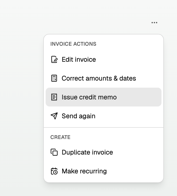 The More invoice actions menu with Issue credit memo