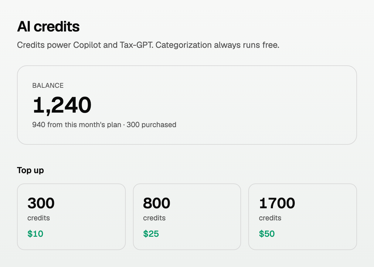 The AI credits balance showing the total, with this month's plan credits and purchased credits below