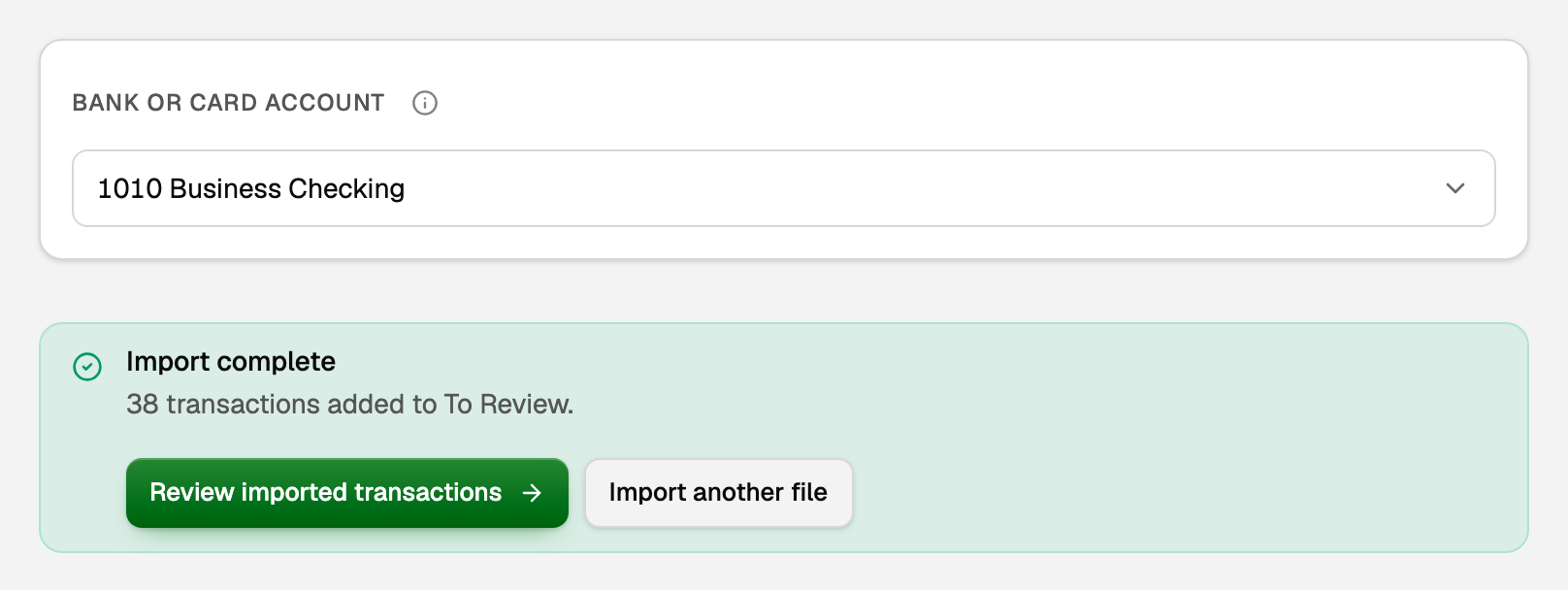 Import complete: 38 transactions added to To Review, with Review imported transactions