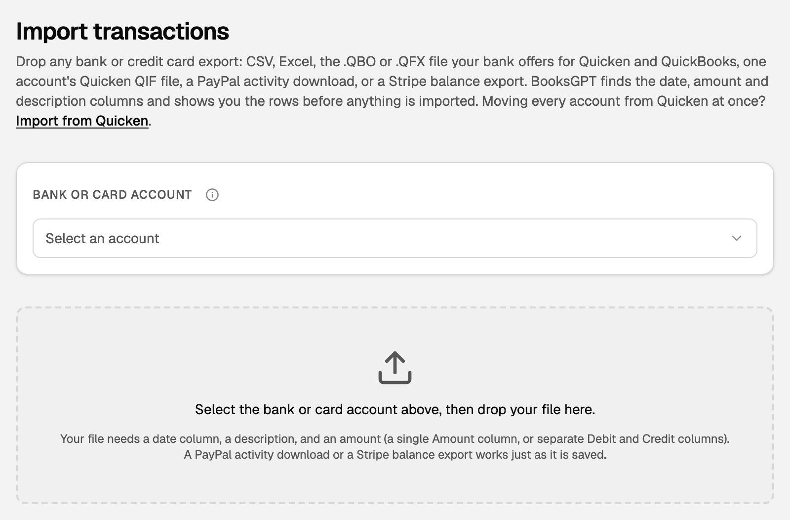 The Import transactions page, with Bank or card account above the drop zone