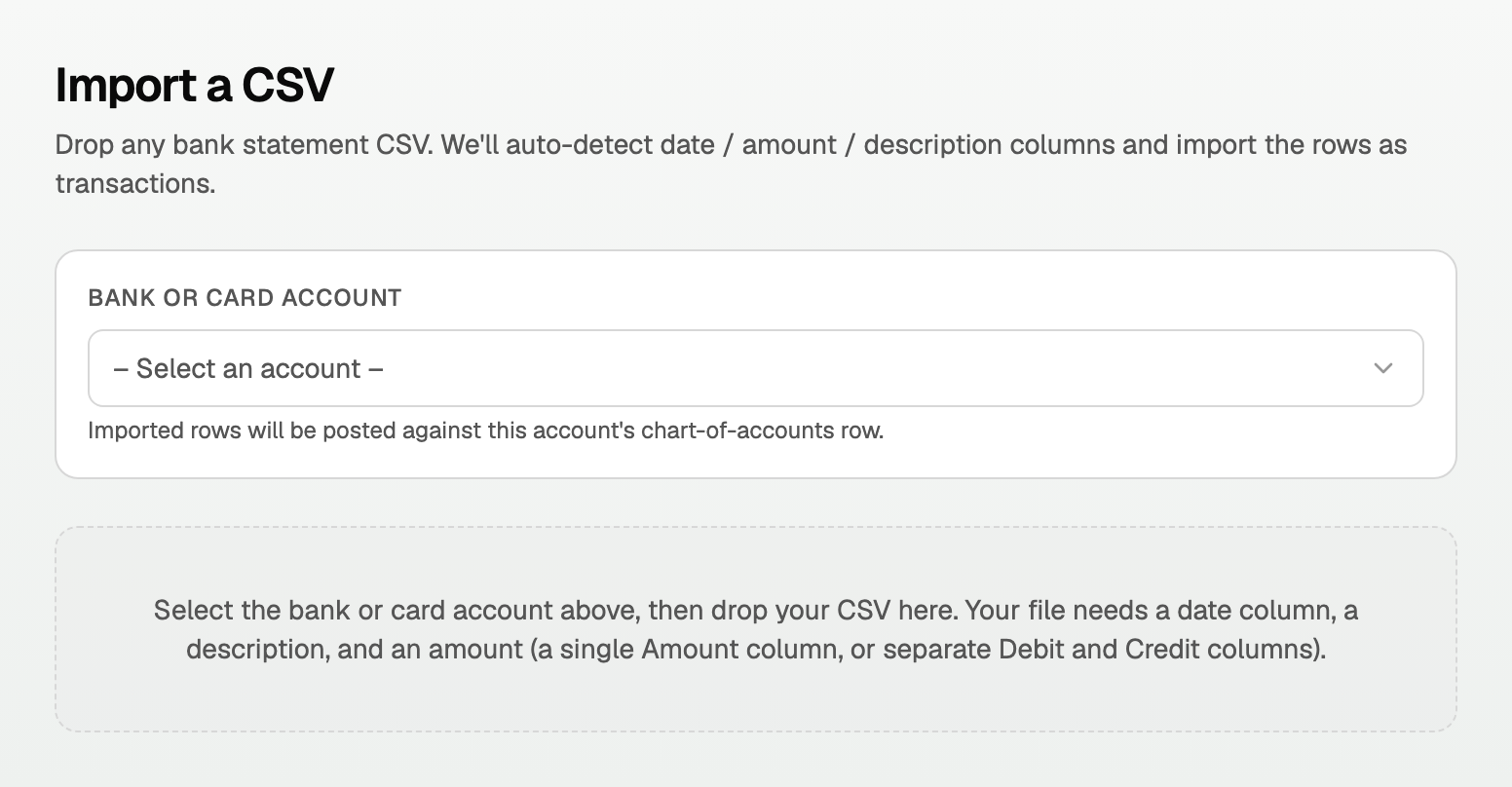 The Import a CSV page with the bank or card account picker above the drop zone