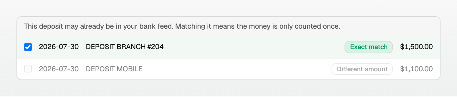 A candidate bank line offered below the deposit total with an Exact match badge