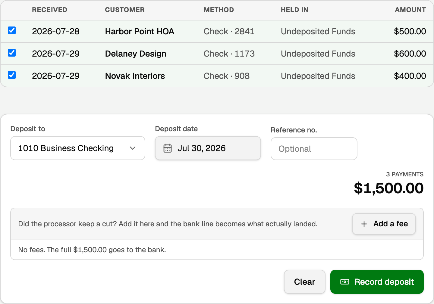 The undeposited payments list with tick boxes, the deposit fields, the fee composer, and Clear / Record deposit