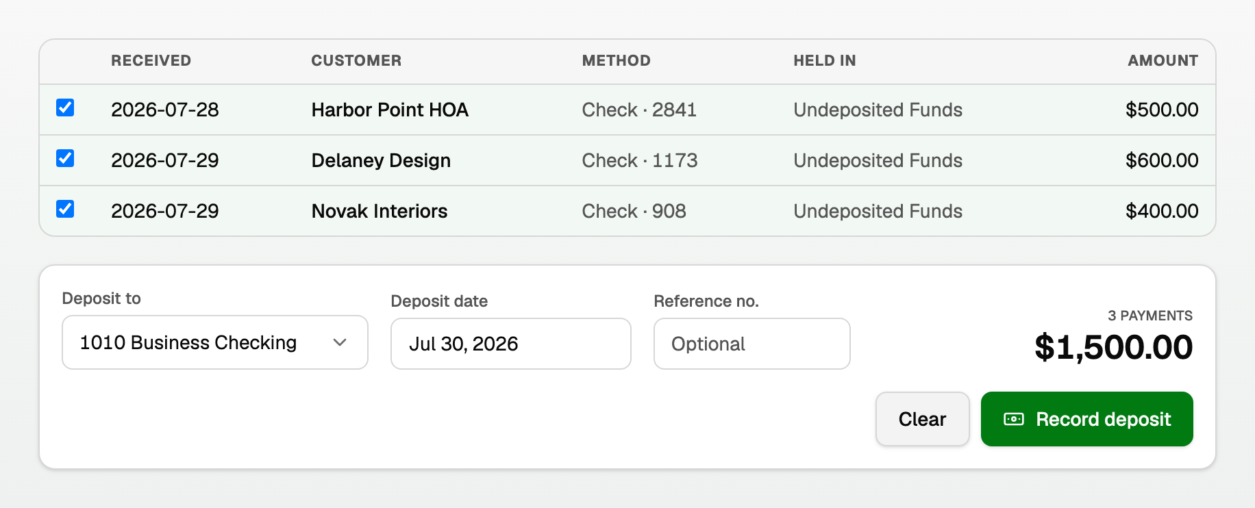 The undeposited payments list with tick boxes, and the deposit bar showing Deposit to, Deposit date and the total