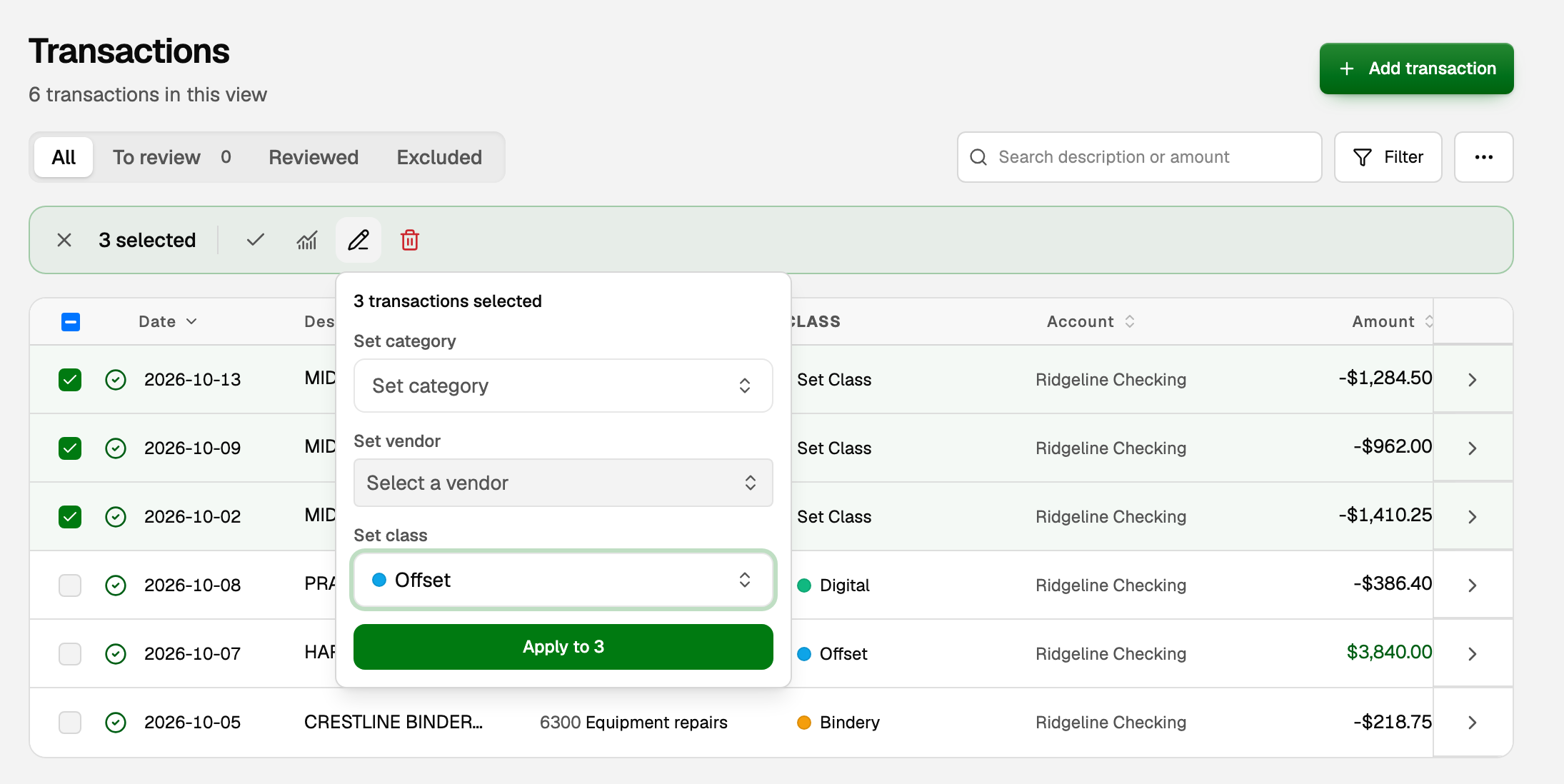 Transactions with three Midland Paper rows ticked, and Bulk edit open with Set class on Offset and Apply to 3