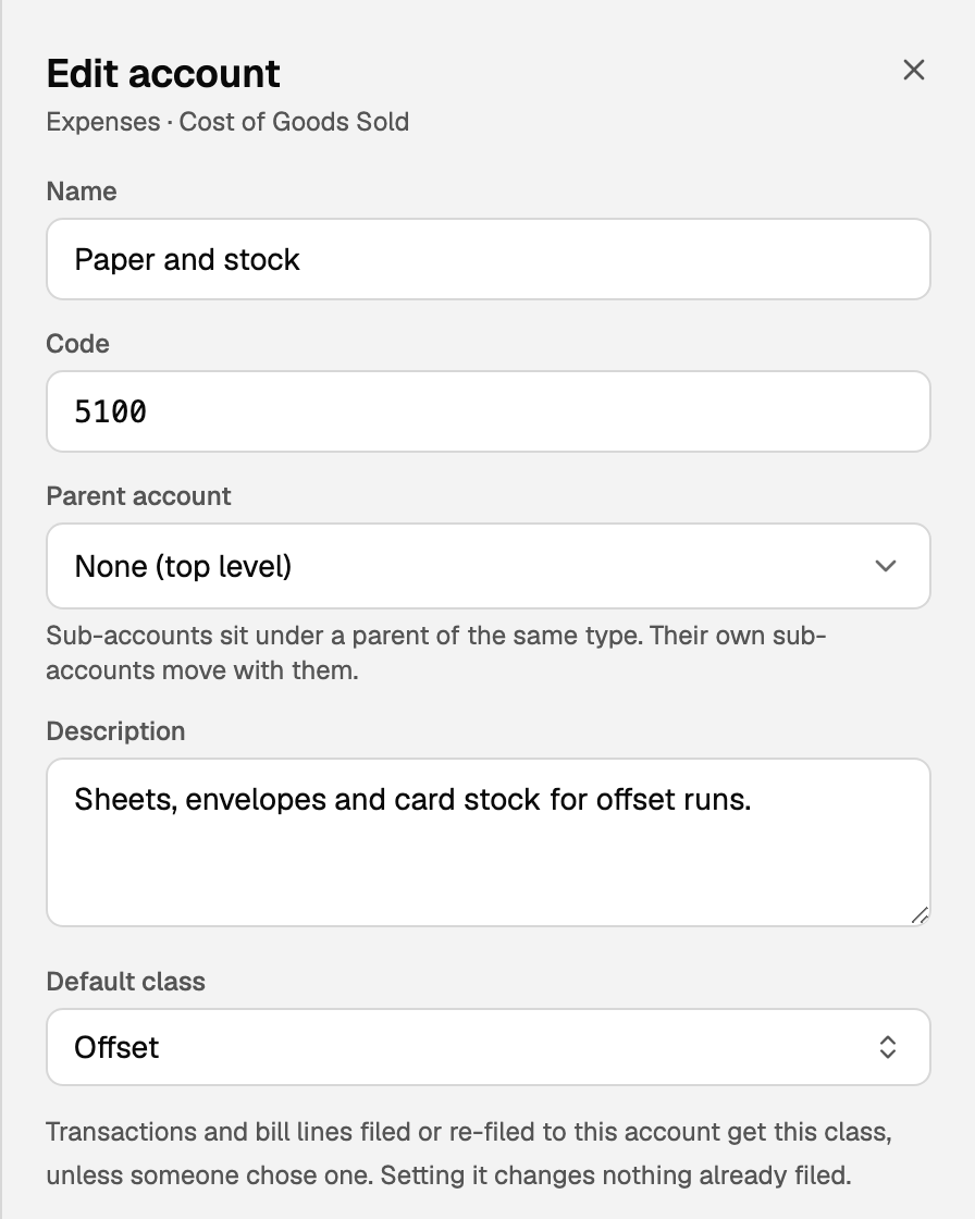 Edit account for Paper and stock, with Default class set to Offset