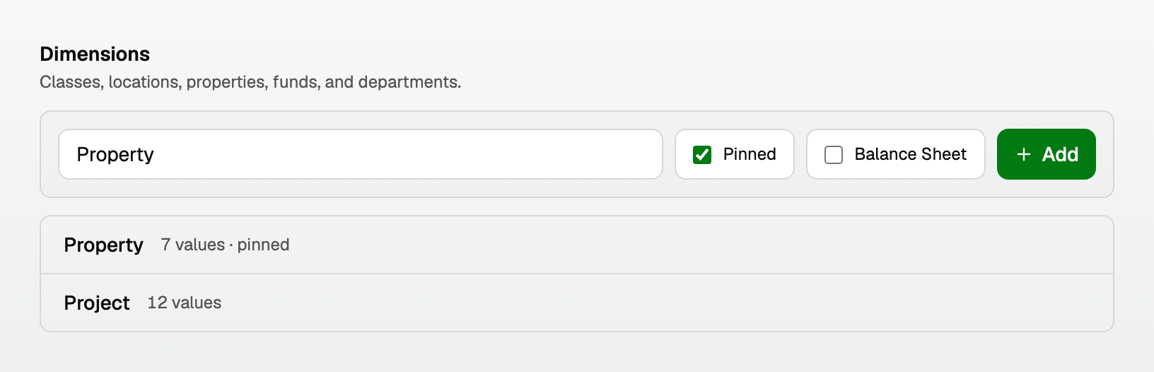The Dimensions section in Settings, with the name field, Pinned and Balance Sheet checkboxes, and Add