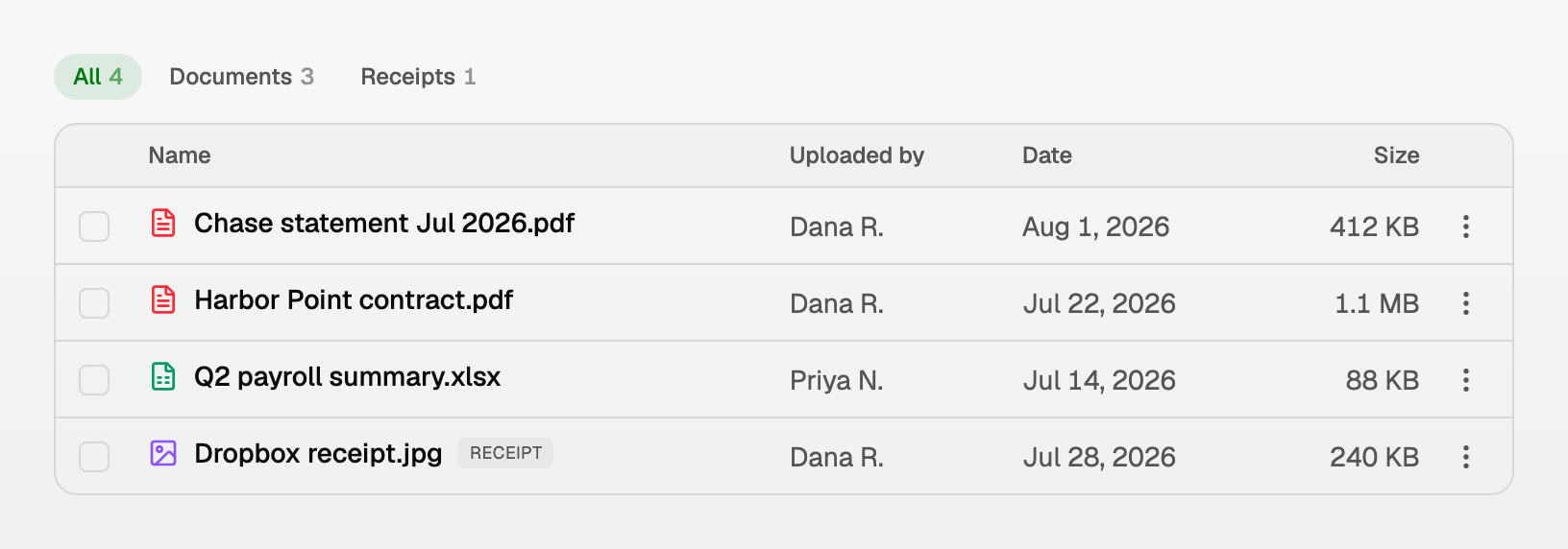 The Drive list view with the All, Documents and Receipts filter chips