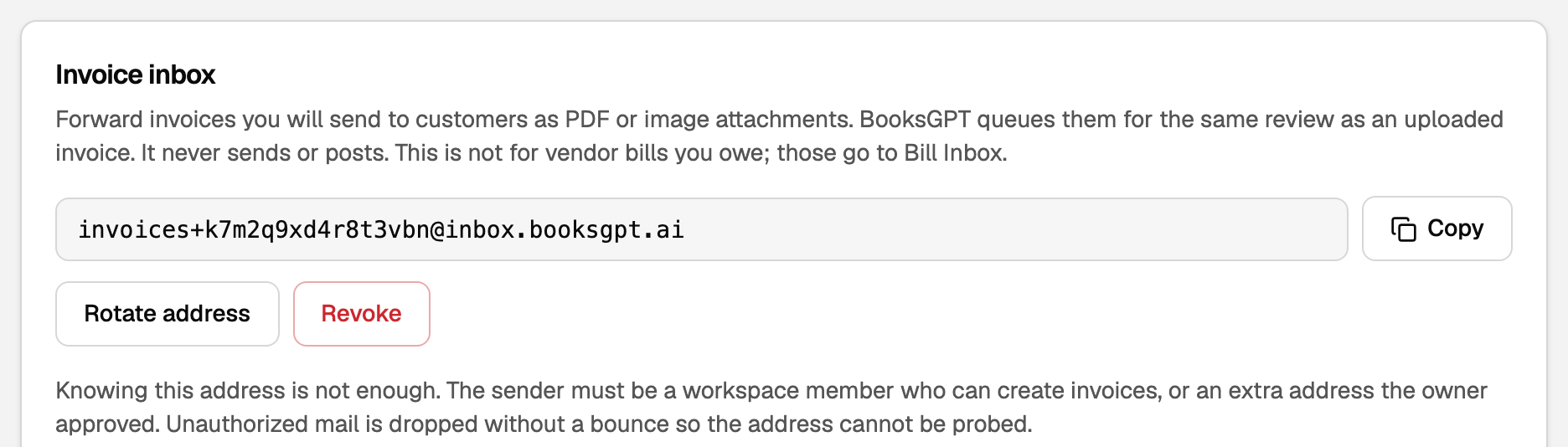 The Invoice inbox card in Settings, with the address, Copy, Rotate address and Revoke