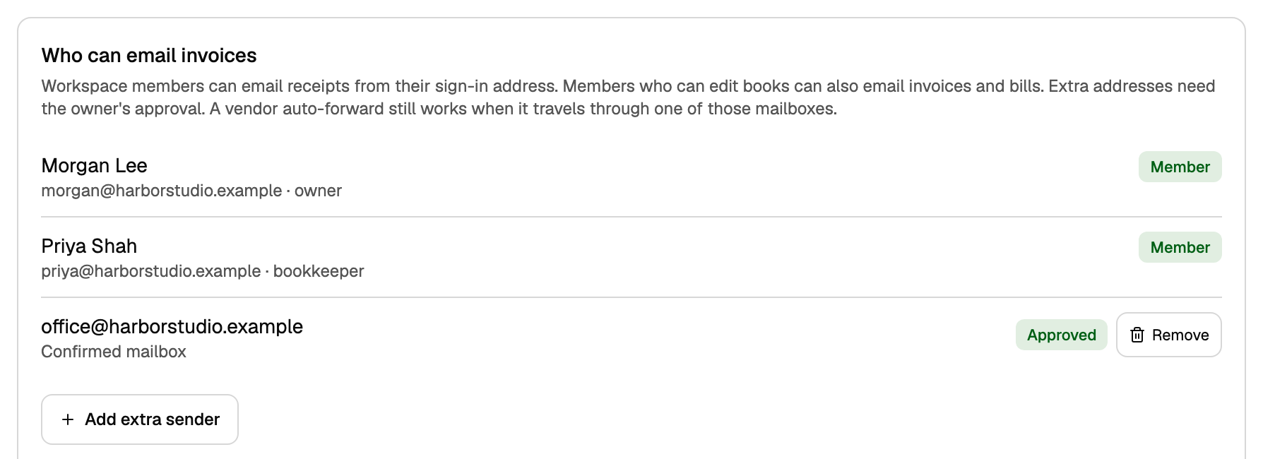 Who can email invoices, listing two members and an approved office mailbox, with Add extra sender