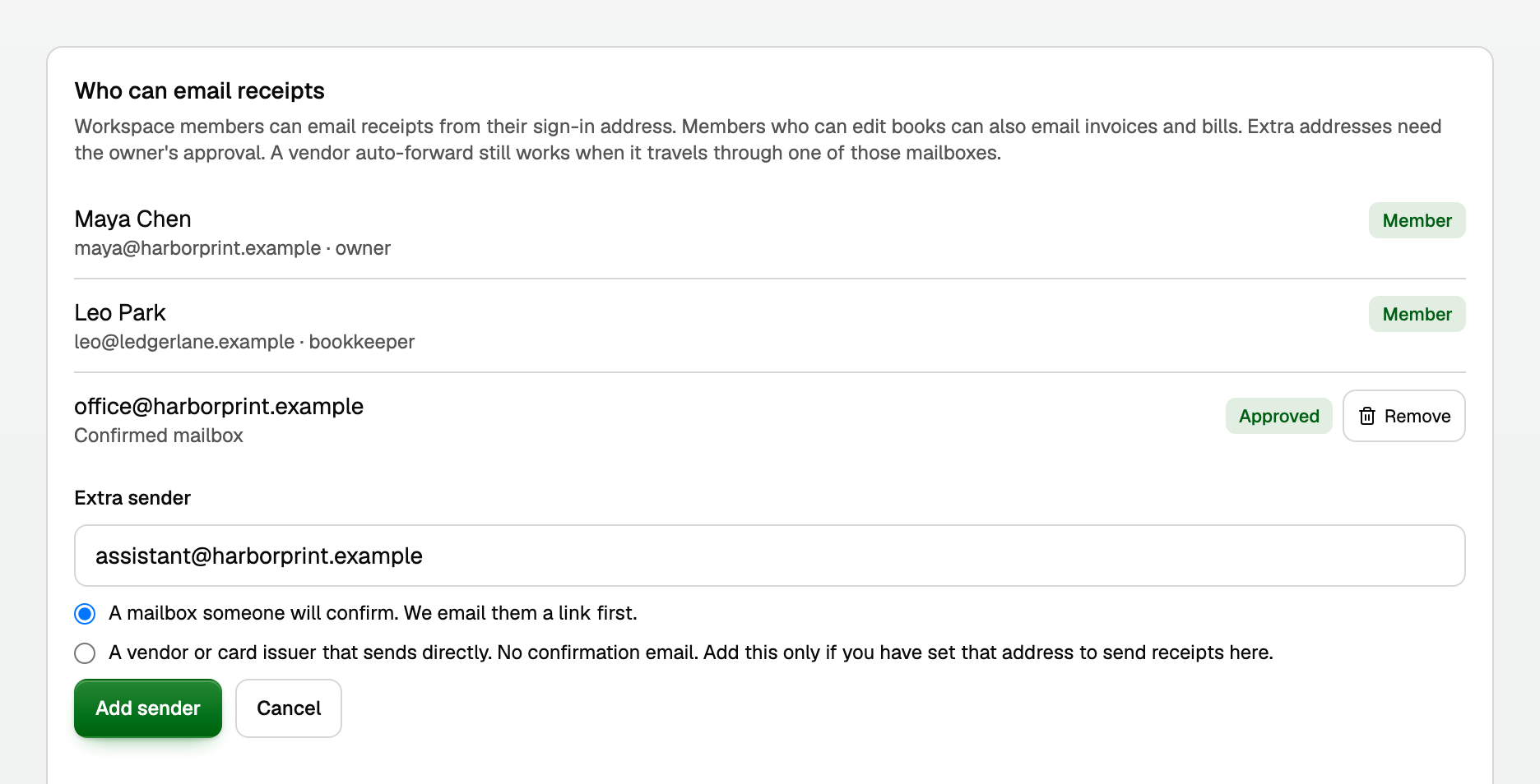 Add extra sender open: an address typed, the mailbox choice selected, and Add sender