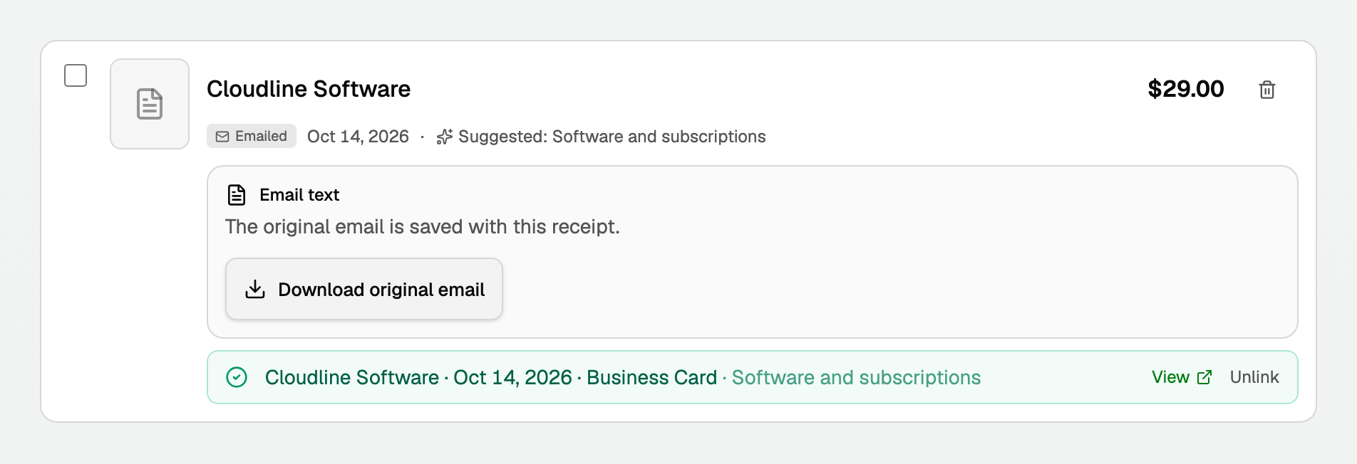 An emailed receipt: the Emailed badge, Email text with Download original email, and the transaction it is linked to