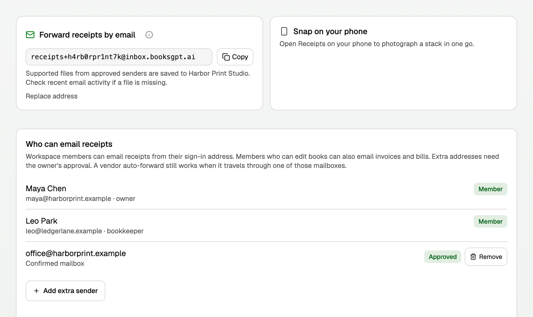 Forward receipts by email with the workspace address and Copy, and Who can email receipts listing members and an approved extra sender