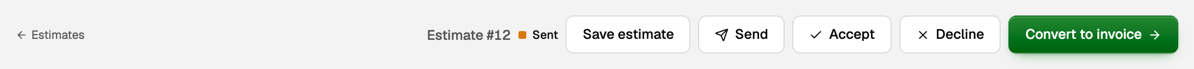 A sent estimate with Save estimate, Send, Accept, Decline, and Convert to invoice as the filled button