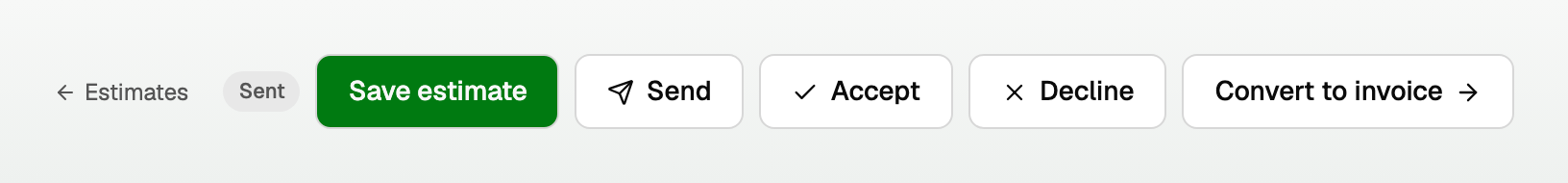 The estimate action row with Send, Accept, Decline and Convert to invoice