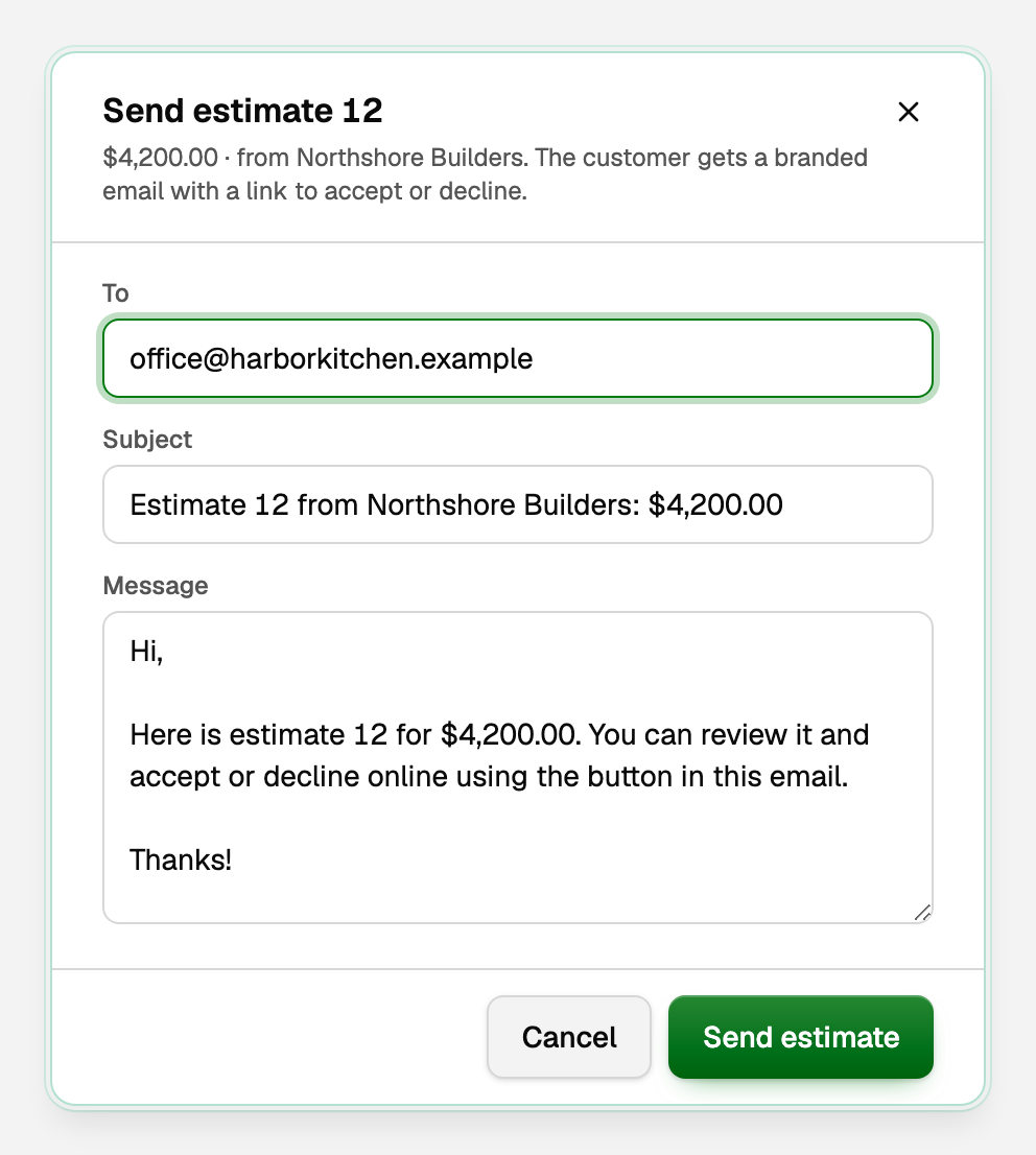 The Send estimate dialog