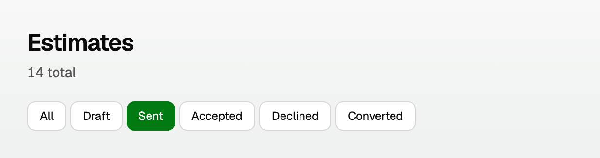 The Estimates list filtered by status with the sent and accepted chips