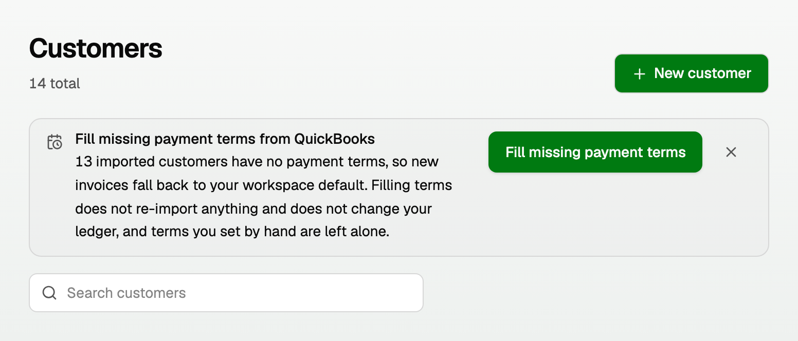 The Customers page banner offering to fill missing payment terms from QuickBooks