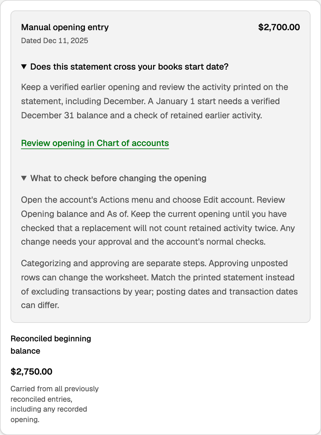 Harbor Card 1234: Manual opening entry $2,700.00 dated Dec 11, 2025, Reconciled beginning balance $2,750.00, short books-start guidance, Chart of accounts link, and nested opening cautions