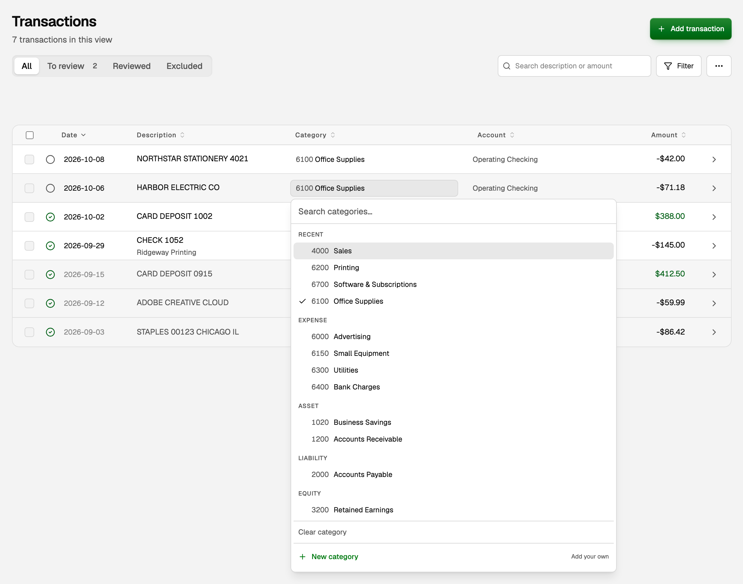 Transactions: two waiting rows with an empty circle, reviewed rows with a green check, and the category list open on HARBOR ELECTRIC CO, with a search box and New category at the bottom