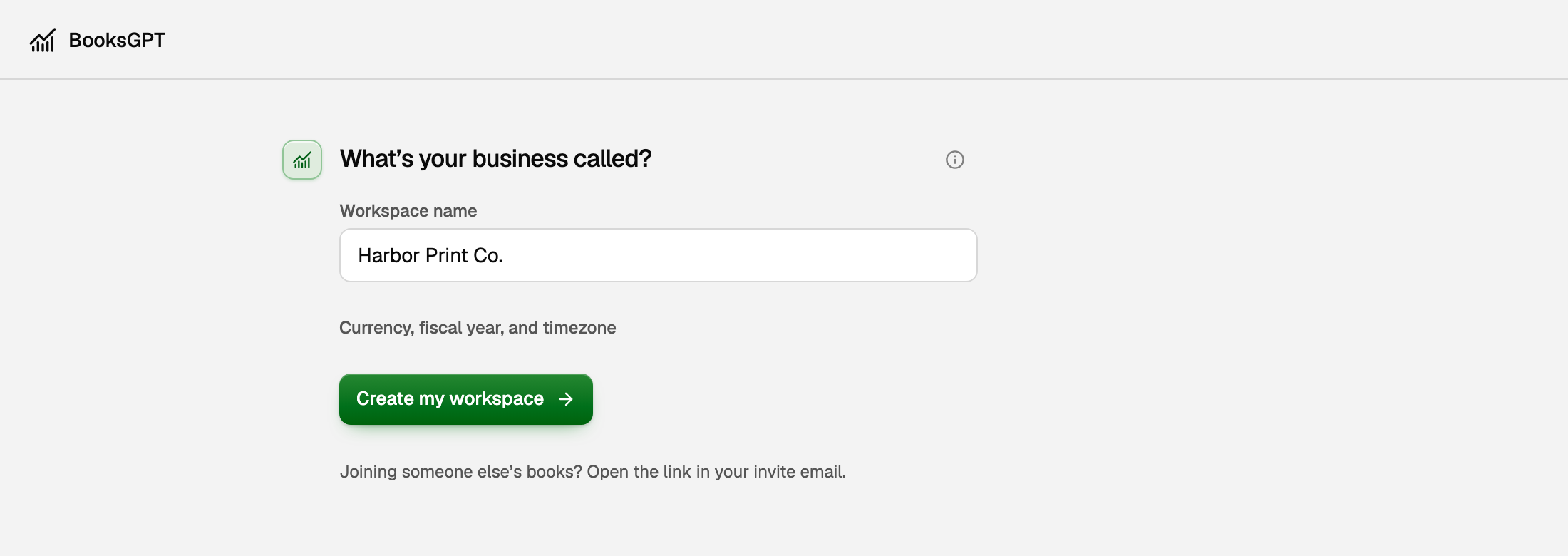 What's your business called? with Workspace name, Currency, fiscal year, and timezone, and Create my workspace