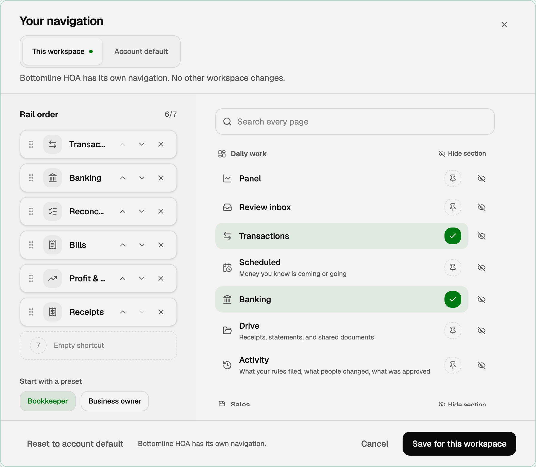 Your navigation open on This workspace, with Panel under Daily work and Hide section on each group