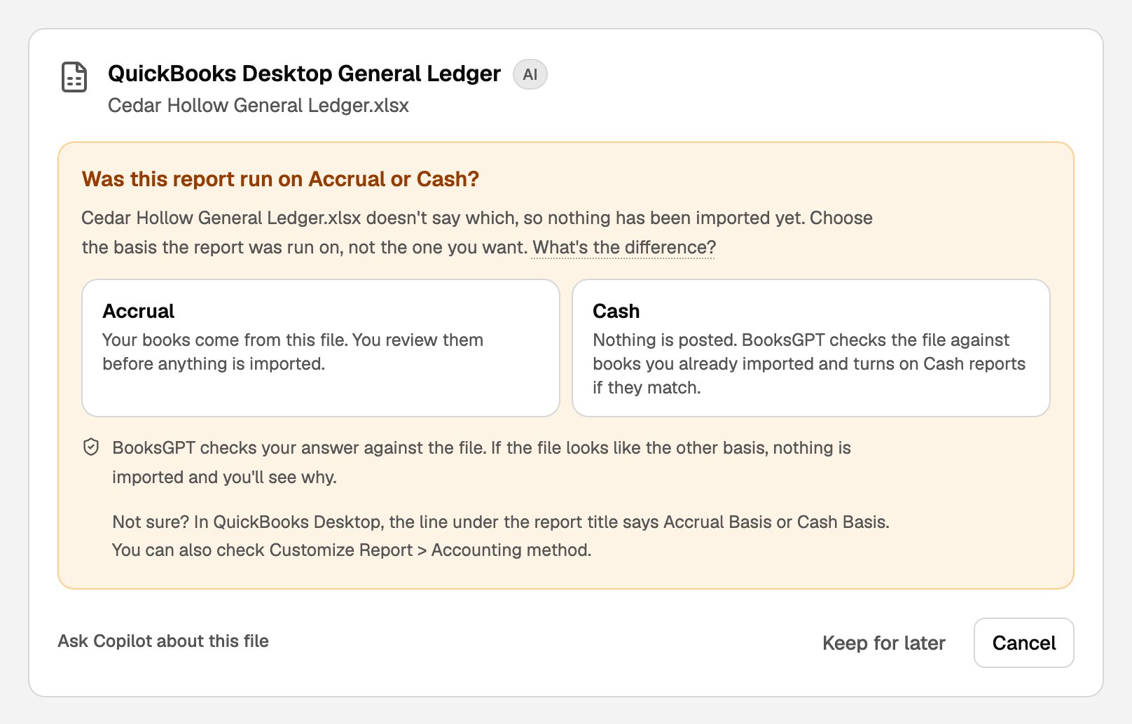 Was this report run on Accrual or Cash? with an Accrual answer and a Cash answer