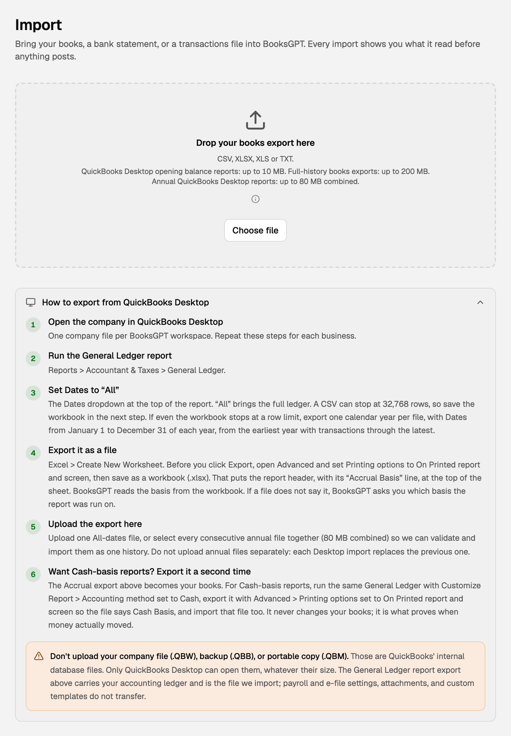 The Import page with How to export from QuickBooks Desktop open under the drop zone