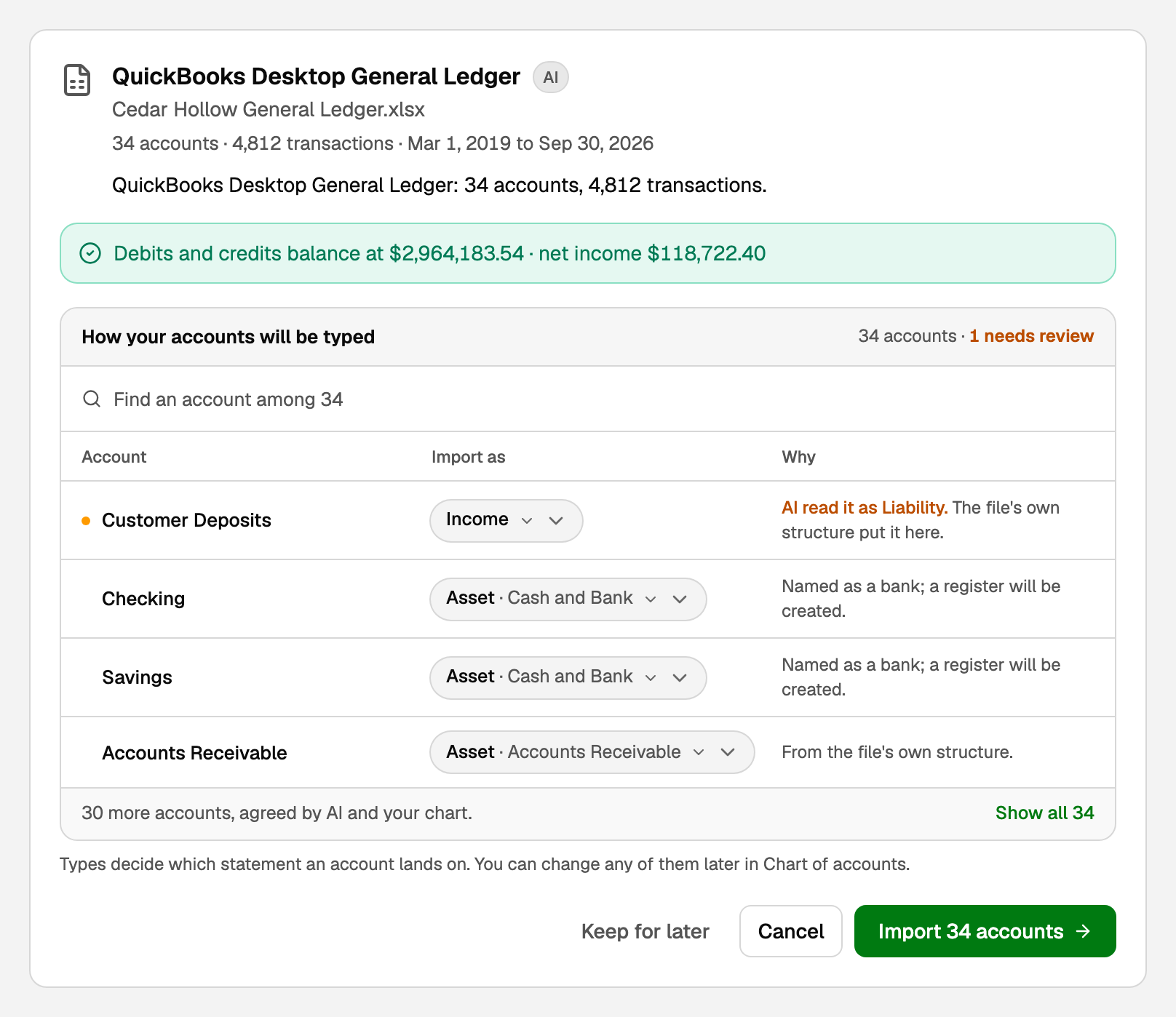 The preview for a QuickBooks Desktop General Ledger, with How your accounts will be typed and Import 34 accounts
