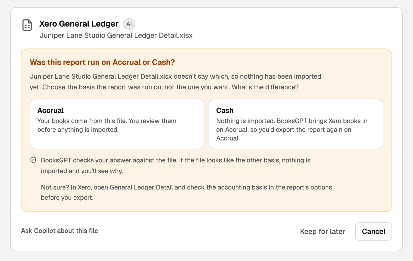 BooksGPT asks whether the report was run on Accrual or Cash