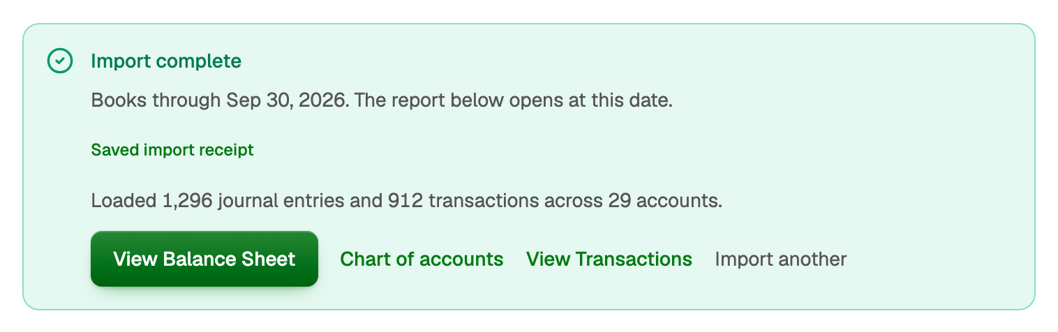The finished import with View Balance Sheet