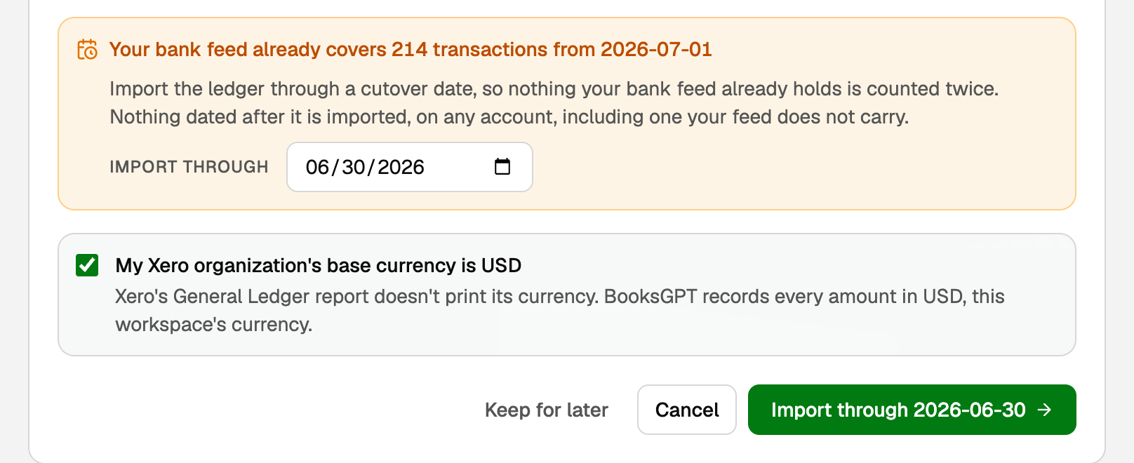 Import through a date your bank feed doesn't cover