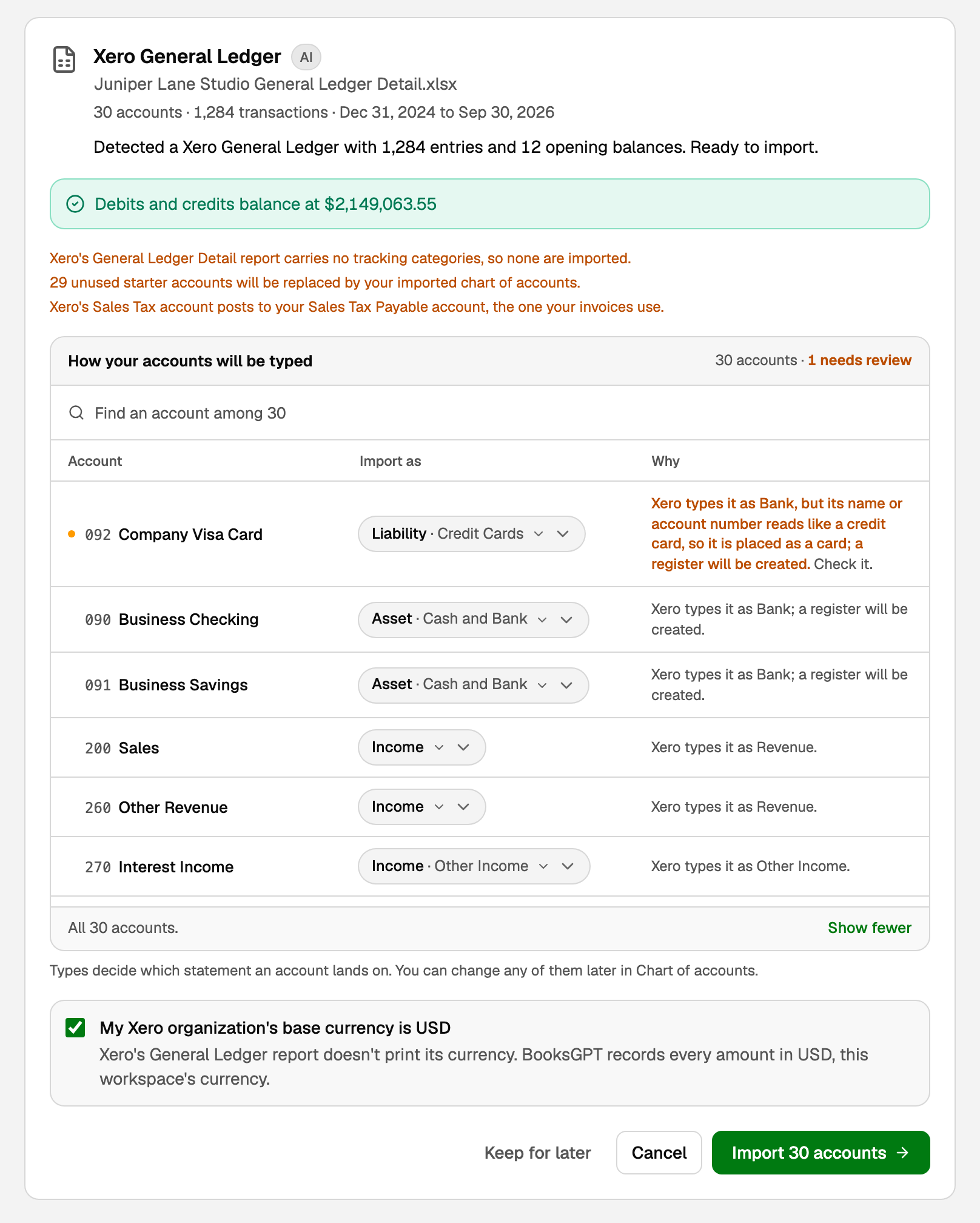 The preview with one account to review and the currency ticked
