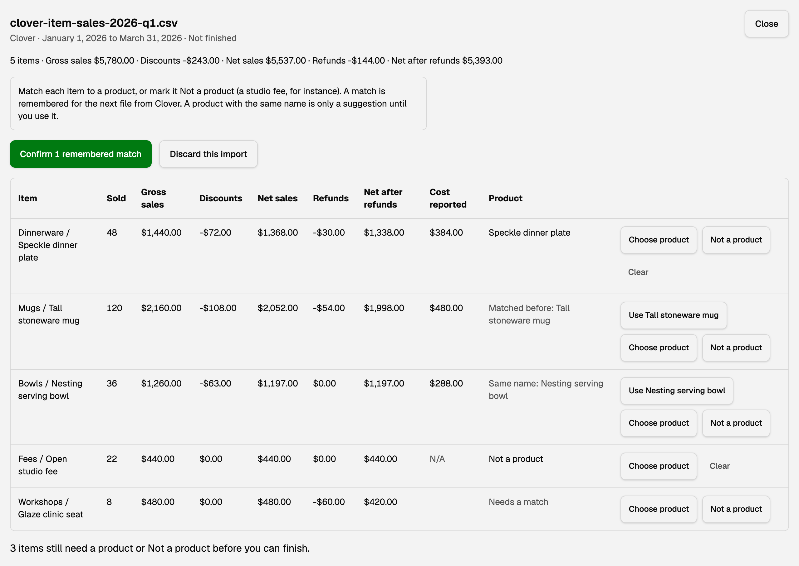 Review of a Clover item sales file with matched products, remembered and same-name suggestions, and a Not a product line