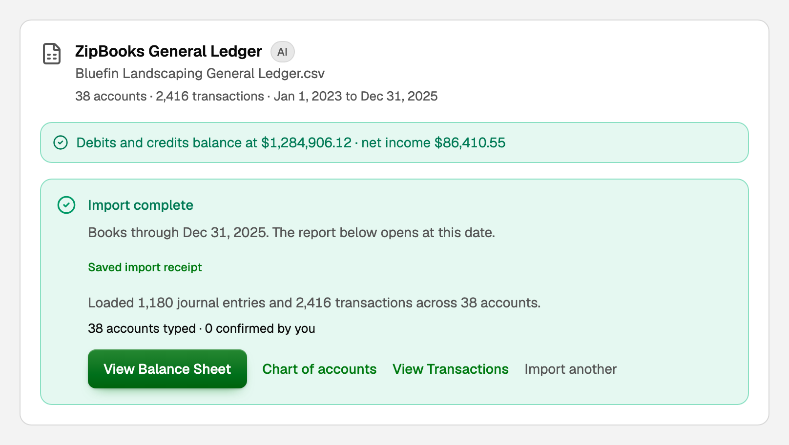 Import complete, with View Balance Sheet